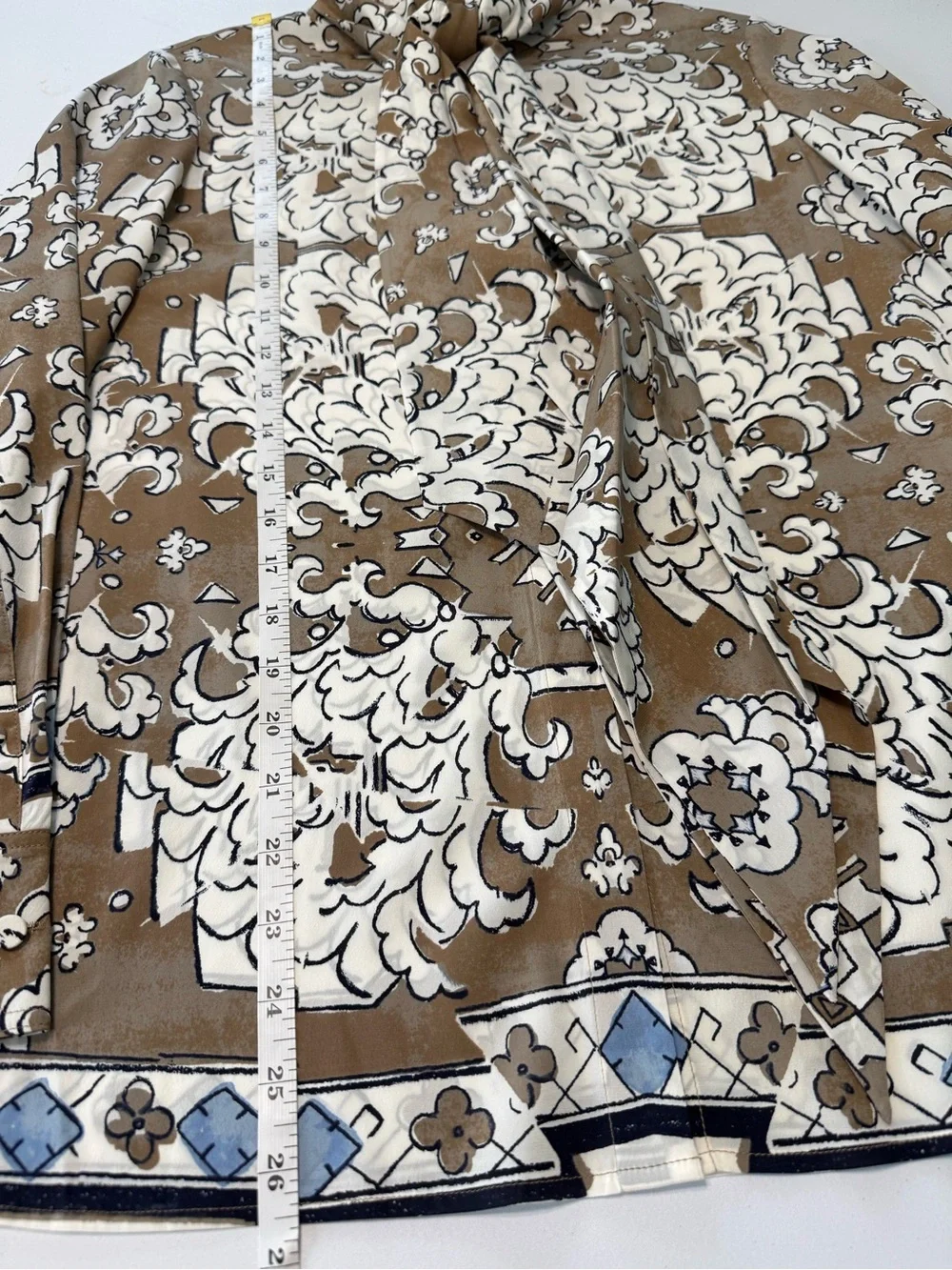 Tory Burch Silk Tie Neck Button Down Floral Tunic Blouse Taupe Cream Size 4